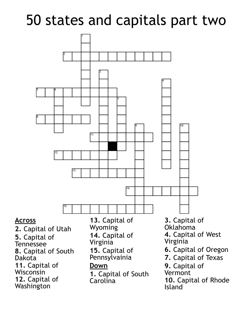 50 States And Capitals Part Two Crossword WordMint 50 States And Capitals Part Two Crossword WordMint
