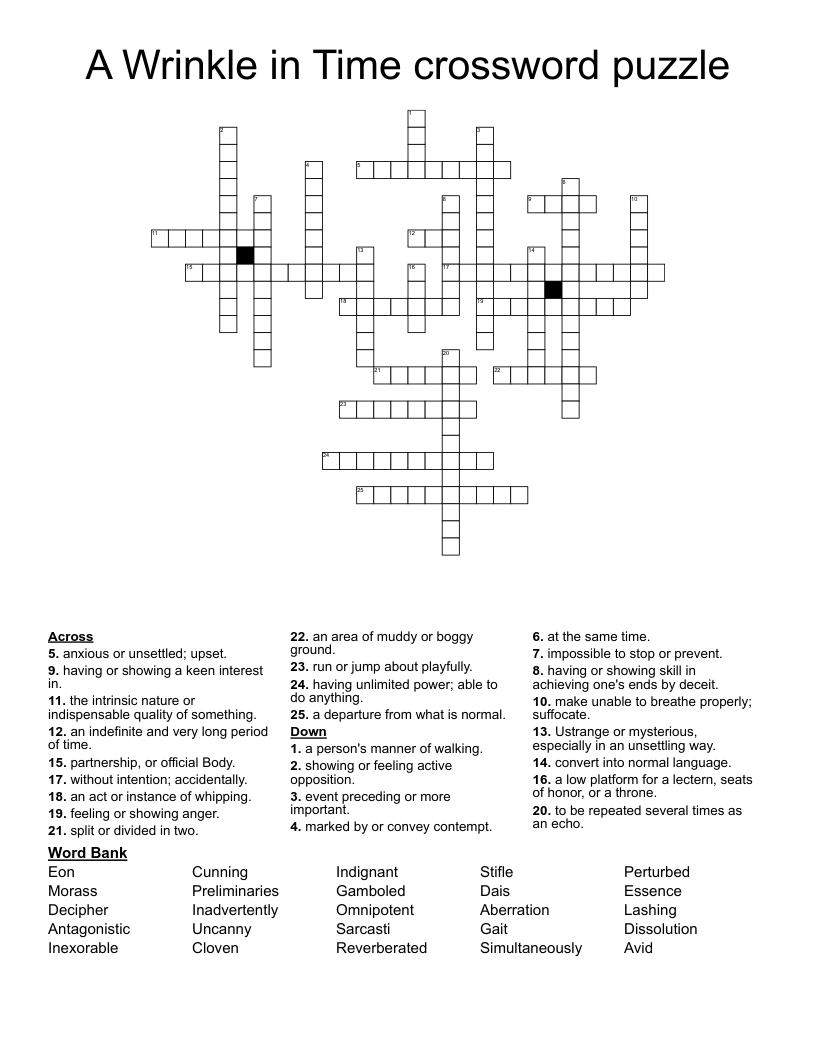A Wrinkle In Time Crossword Puzzle WordMint