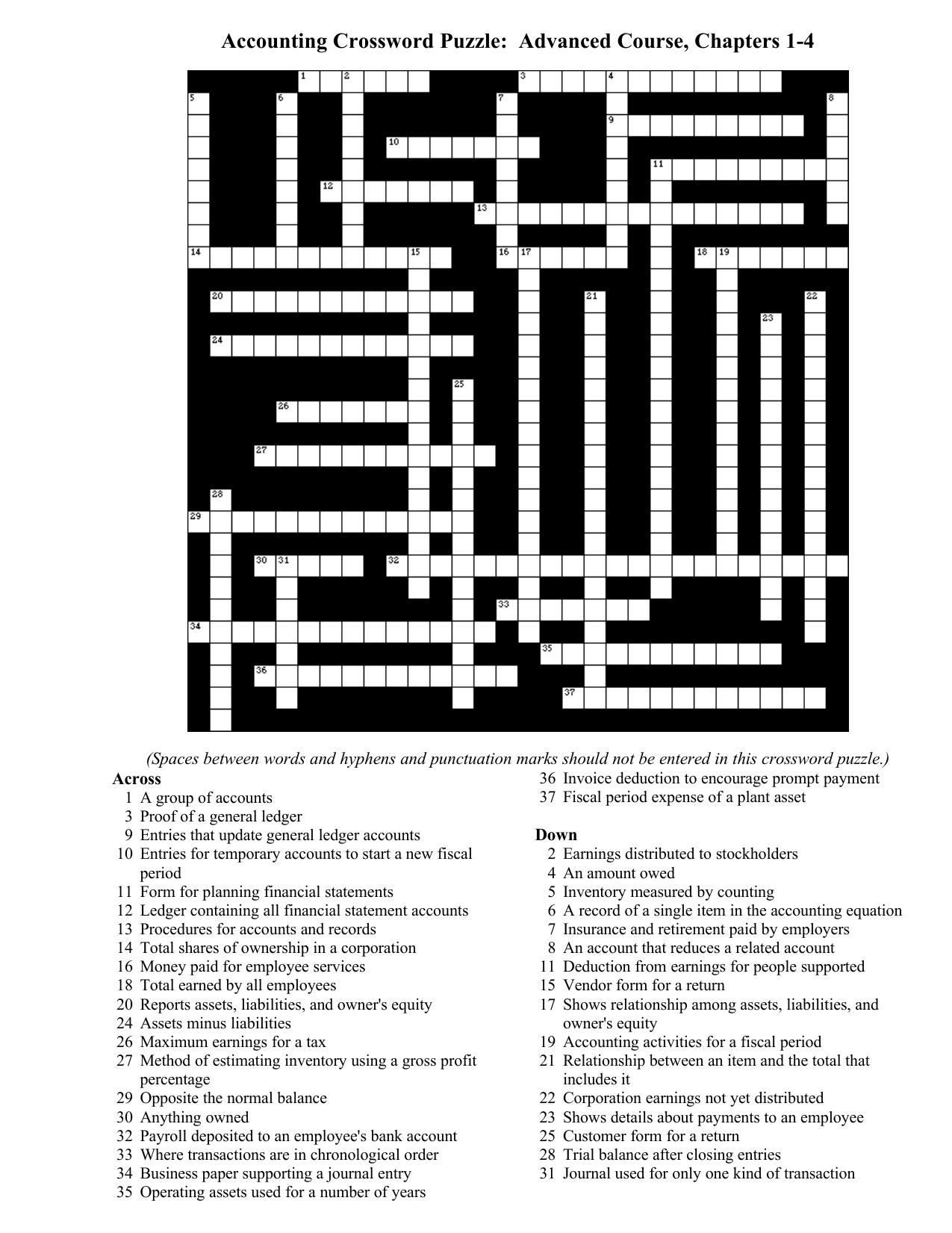 Accounting Crossword Puzzle Advanced Course Chapters 1 4