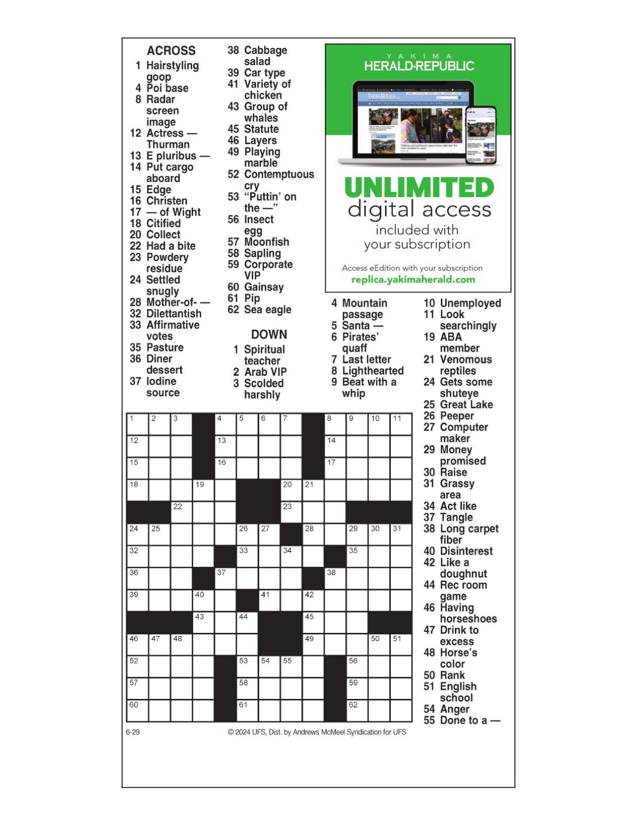 AM Crossword June 29 2024 Crosswords Yakimaherald