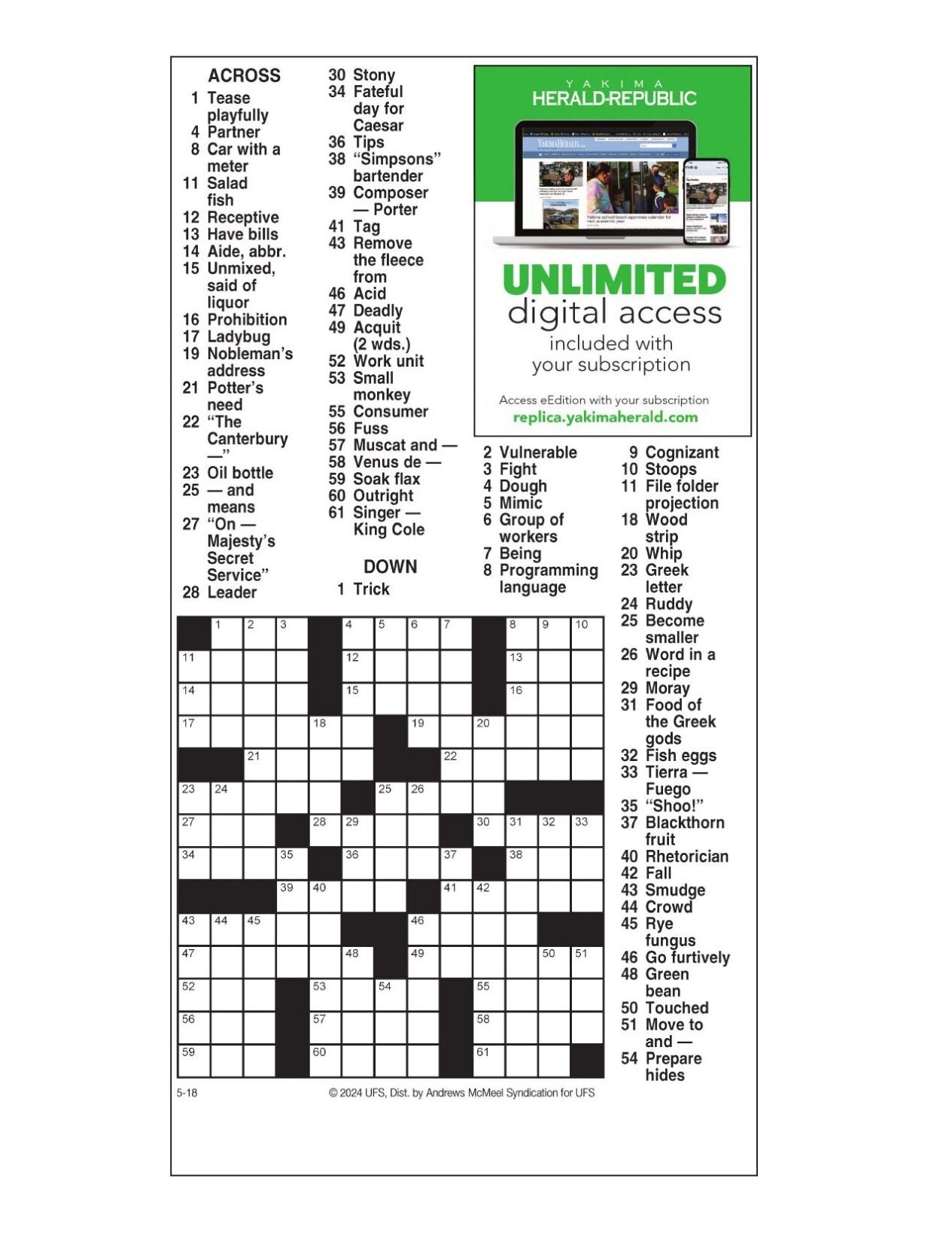 AM Crossword May 18 2024 Crosswords Yakimaherald