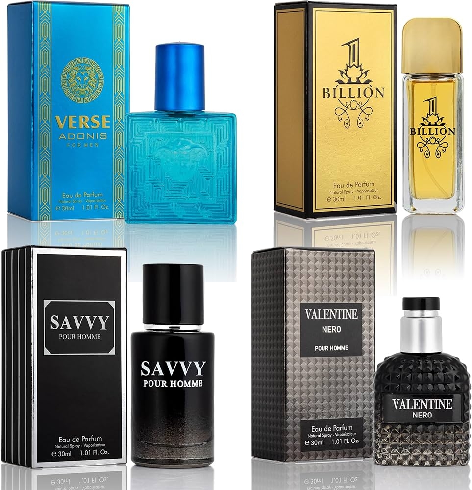 Amazon Signature Scent 4 Piece Mini Fragrance Set For Men Includes Savvy 1 Billion Verse Valentine Collection Of Woody Spicy Citrus Aromatic Fragrance Non Irritating Ingredient Each One In 30ml Bottle Beauty Personal