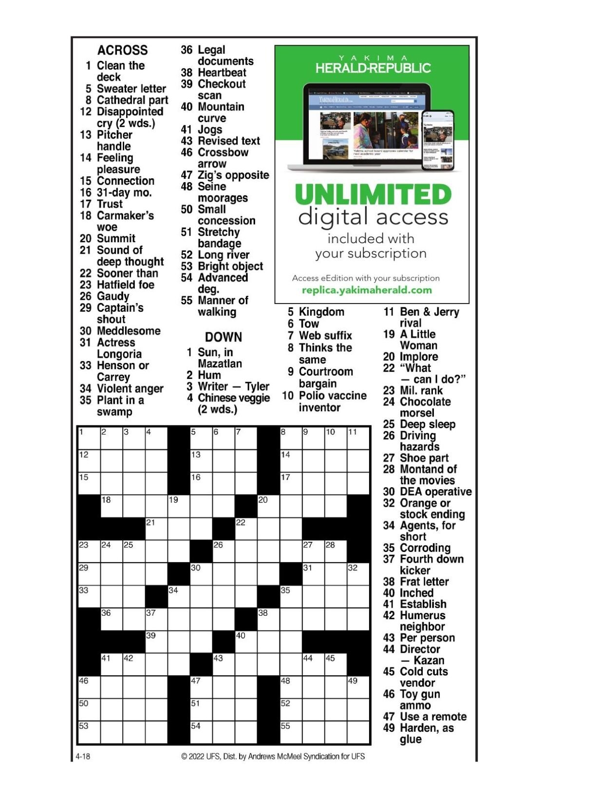Andrews McMeel Crossword April 18 2022 Crosswords Yakimaherald