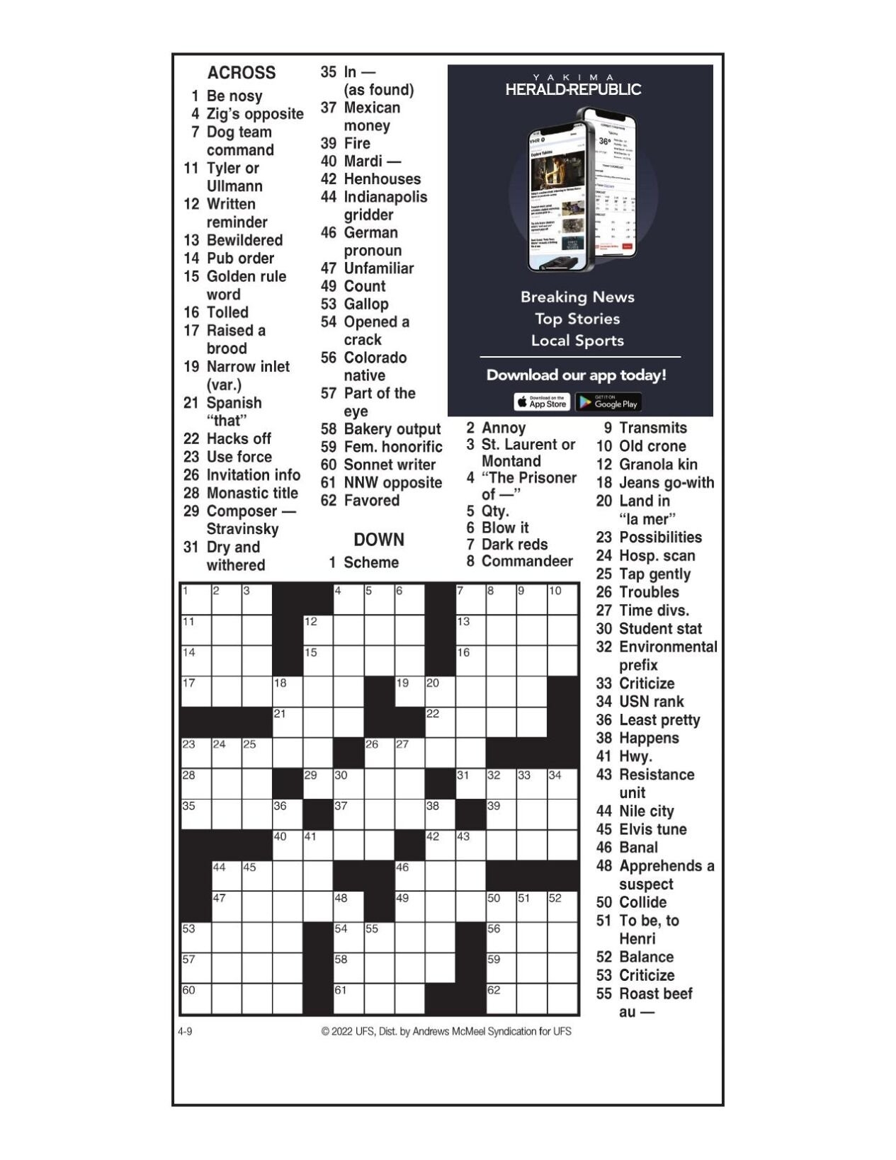Andrews McMeel Crossword April 9 2022 Crosswords Yakimaherald