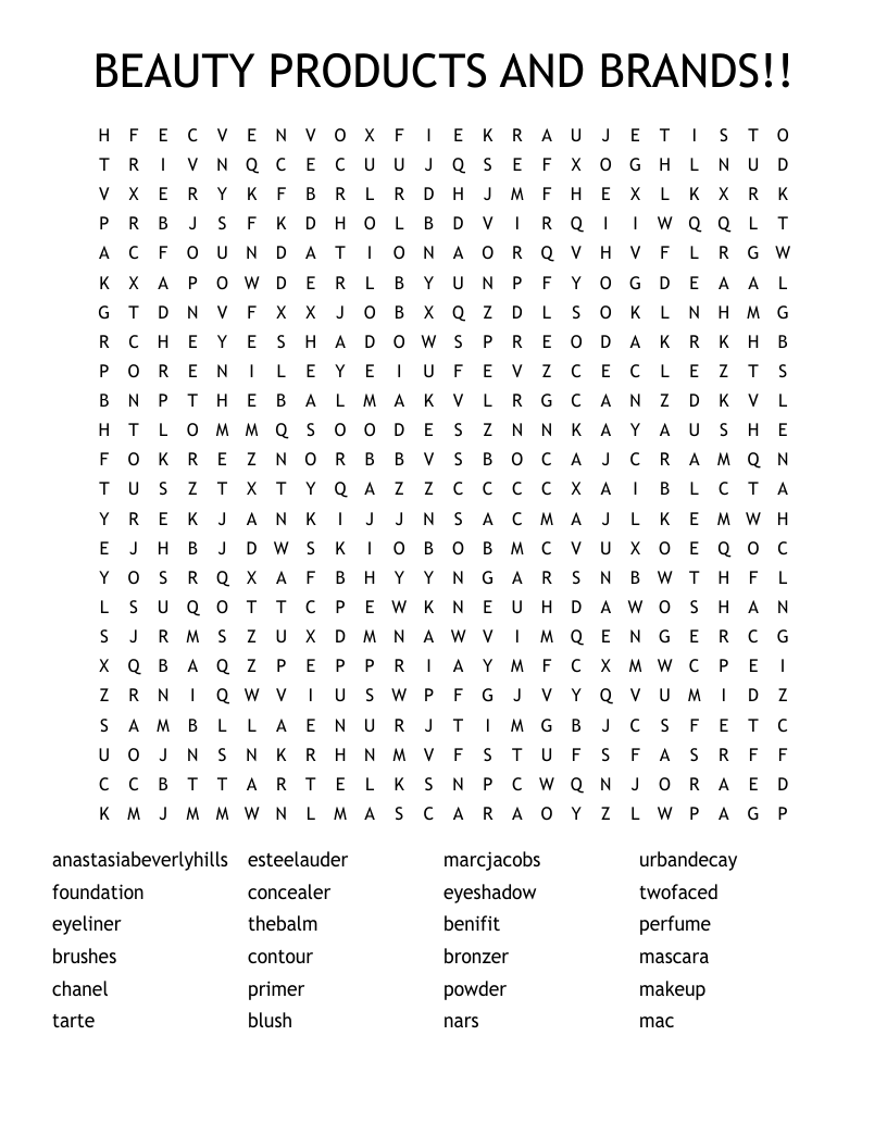 BEAUTY PRODUCTS AND BRANDS Word Search WordMint BEAUTY PRODUCTS AND BRANDS Word Search WordMint