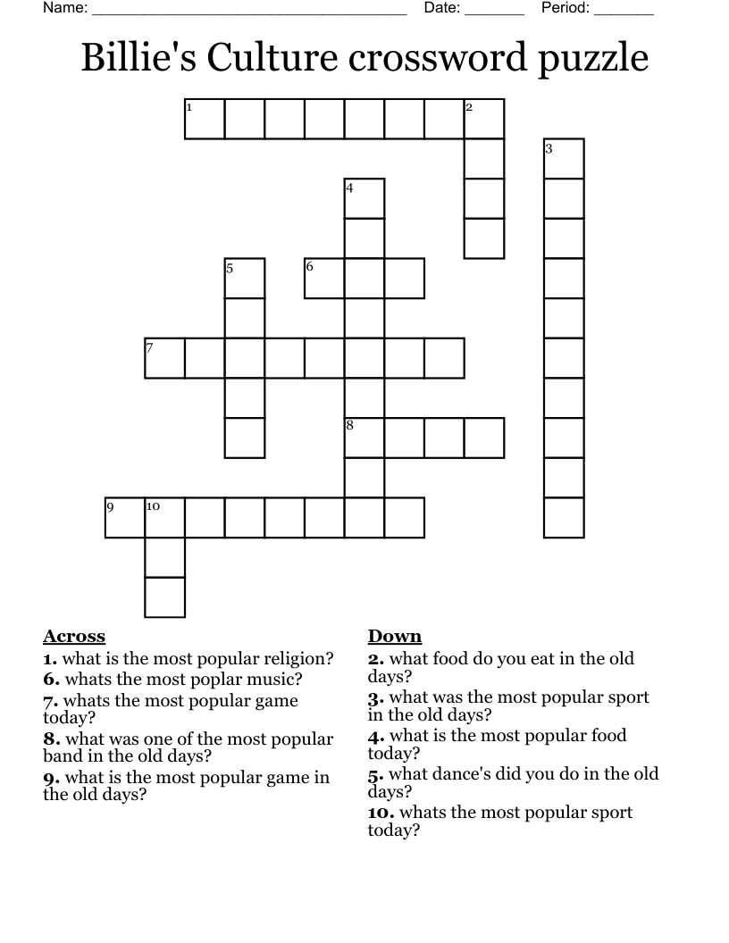 Billie s Culture Crossword Puzzle WordMint