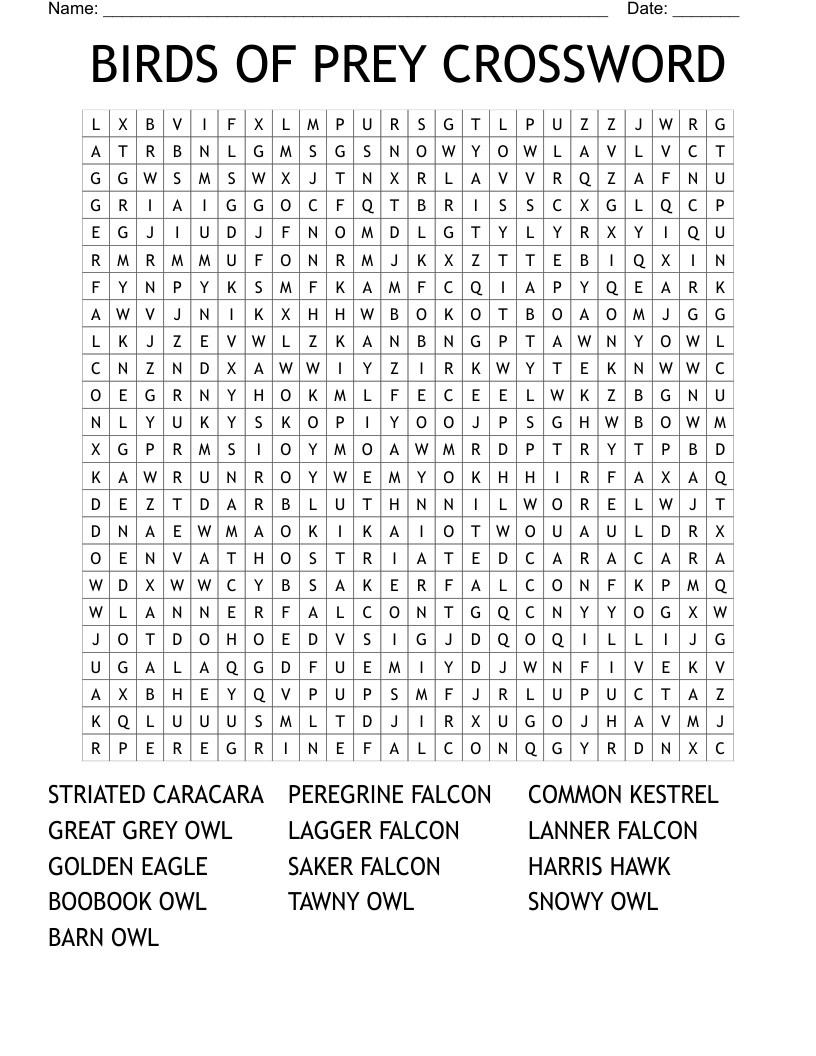 BIRDS OF PREY CROSSWORD Word Search WordMint BIRDS OF PREY CROSSWORD Word Search WordMint