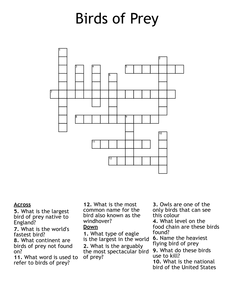 Birds Of Prey Crossword WordMint Birds Of Prey Crossword WordMint