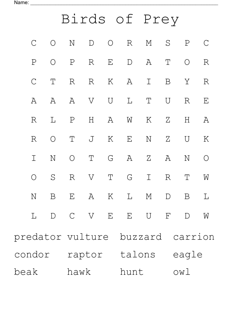 Birds Of Prey Word Search WordMint Birds Of Prey Word Search WordMint