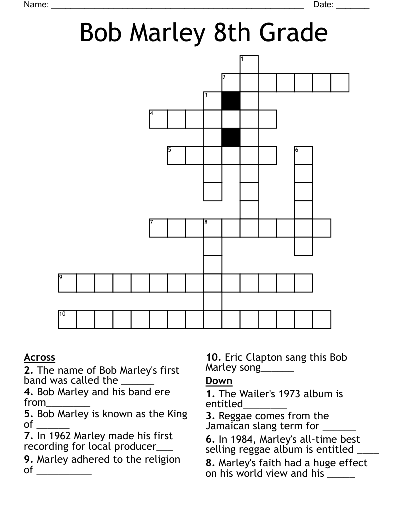 Bob Marley 8th Grade Crossword WordMint Bob Marley 8th Grade Crossword WordMint