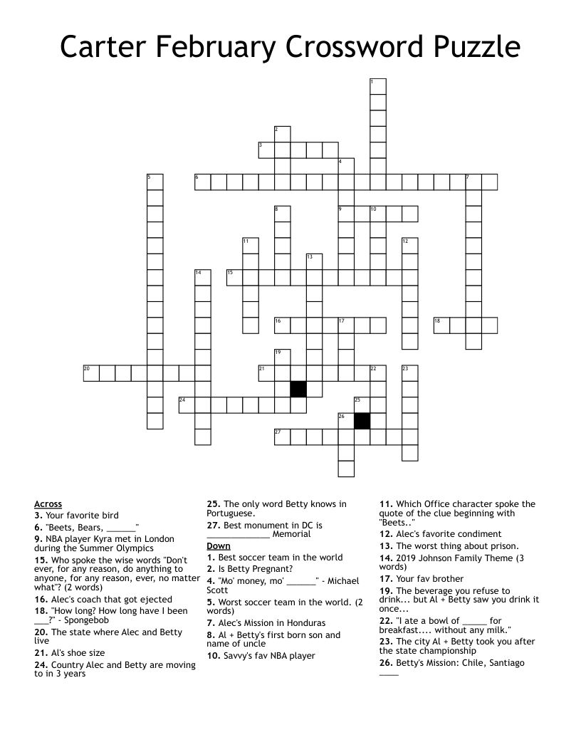 Carter February Crossword Puzzle WordMint