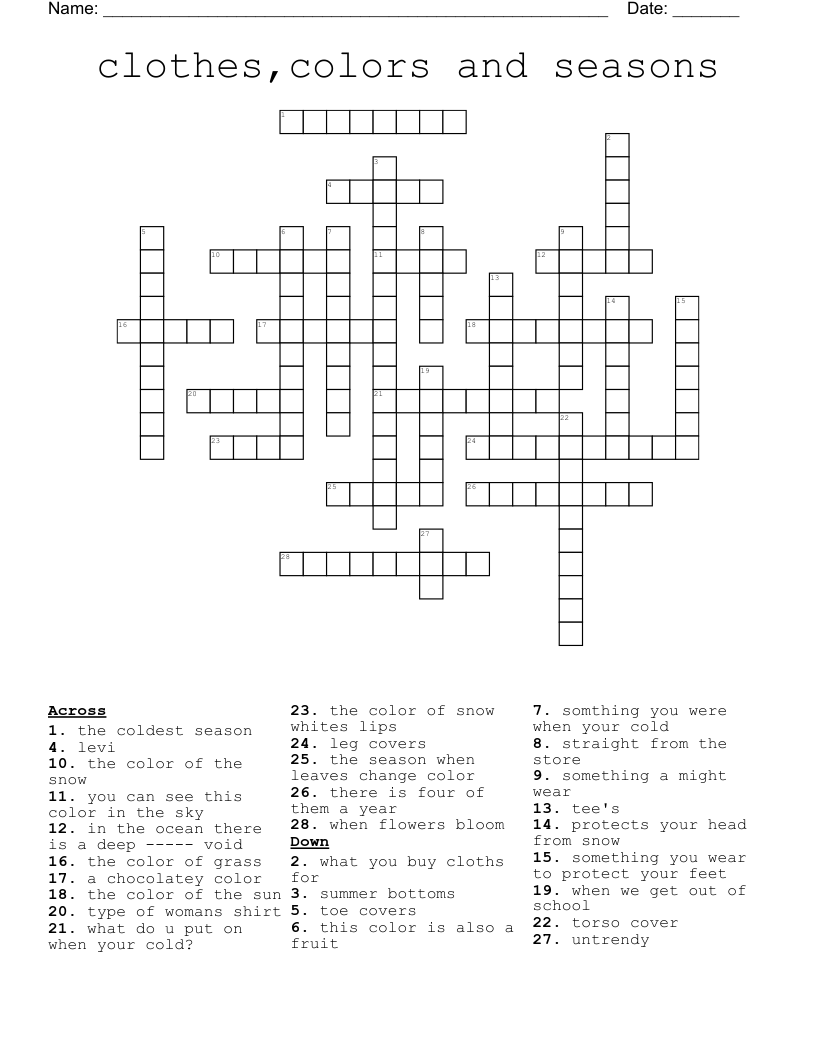 Clothes colors And Seasons Crossword WordMint Clothes colors And Seasons Crossword WordMint