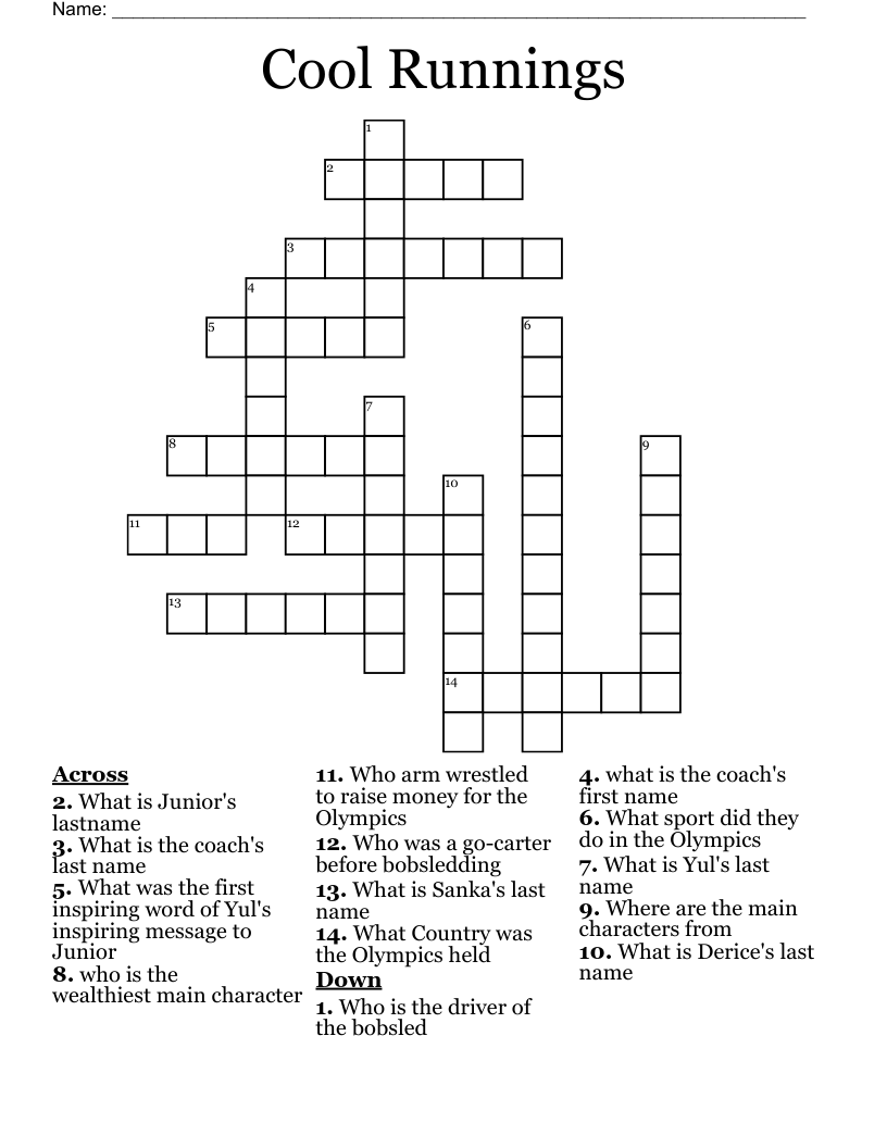 Cool Runnings Crossword WordMint Cool Runnings Crossword WordMint