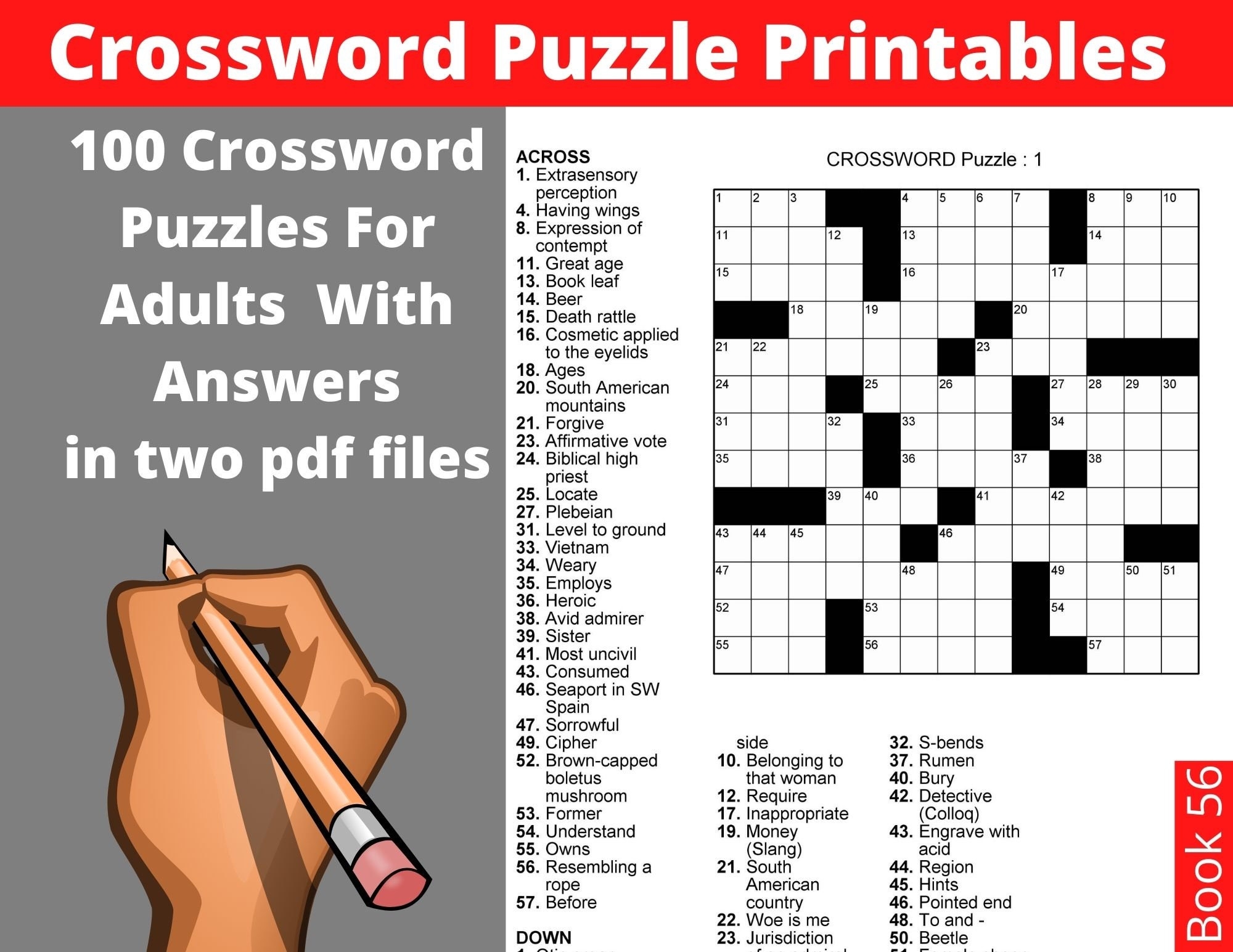 Crossword Puzzle Printables For Adults 100 Crosswords With Solutions Instant Download Large Print Fun Activities Book For Seniors Etsy Denmark