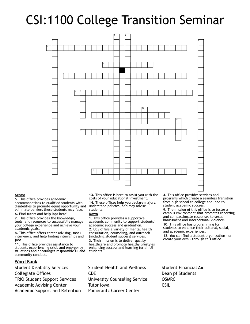 CSI 1100 College Transition Seminar Crossword WordMint CSI 1100 College Transition Seminar Crossword WordMint