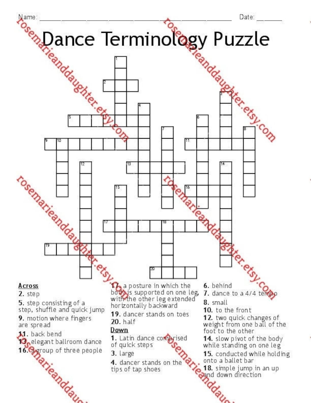 Dance Terminology Puzzle A Fun Crossword Puzzle With Answer Key Etsy Finland