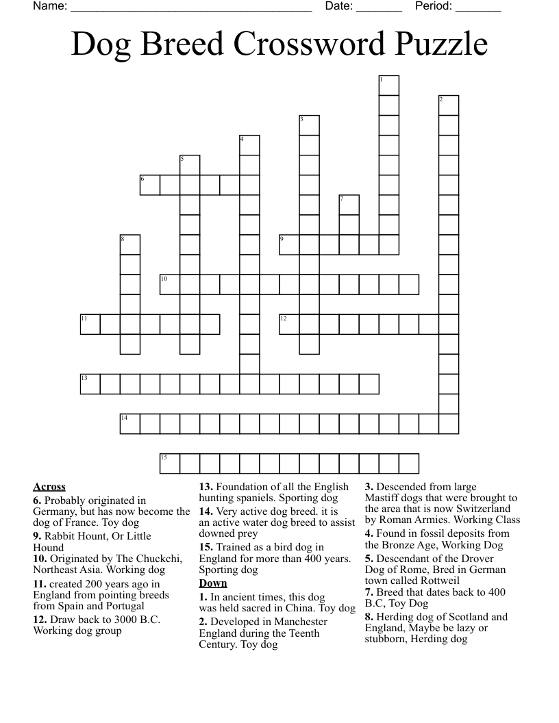 Dog Breed Crossword Puzzle WordMint
