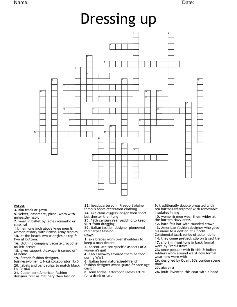 Dressing Up Crossword WordMint Dressing Up Crossword WordMint