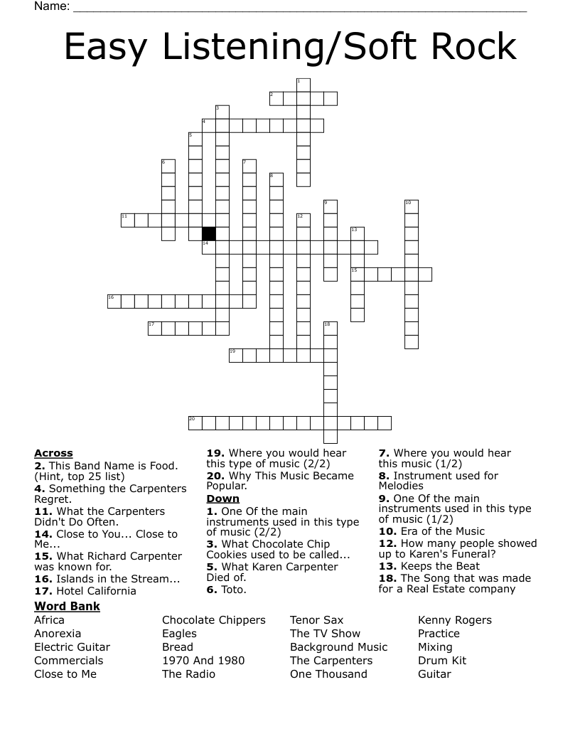 Easy Listening Soft Rock Crossword WordMint
