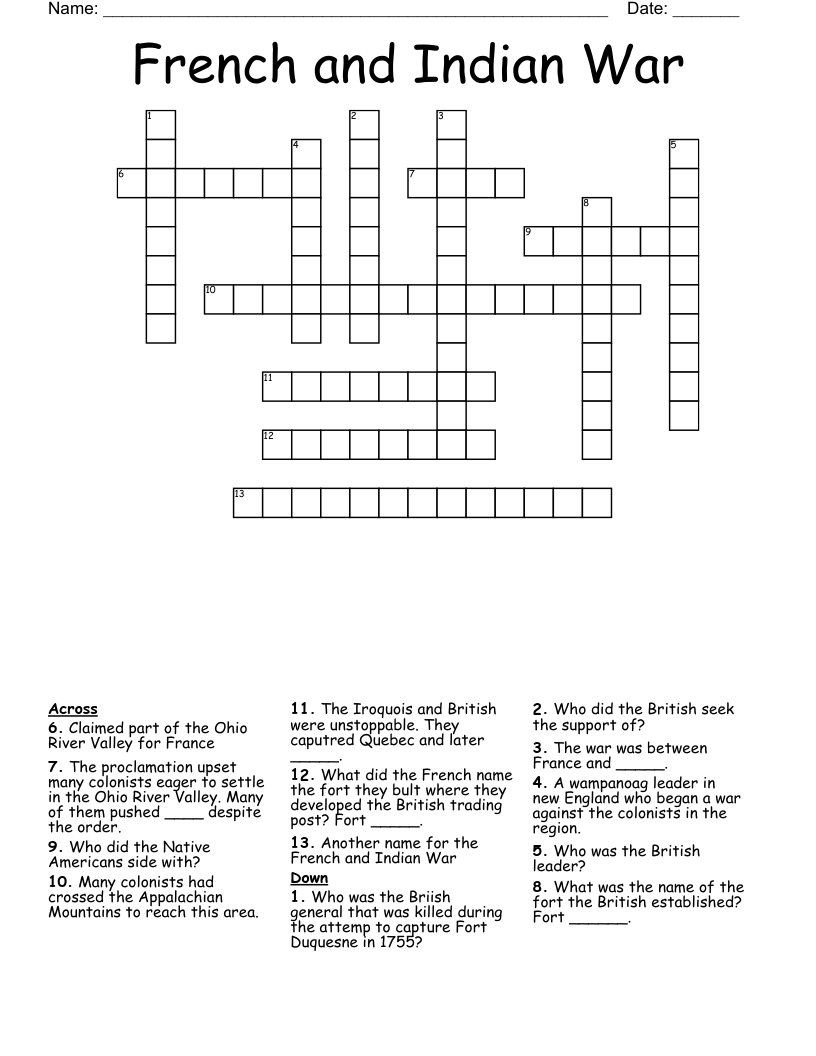 French And Indian War Crossword WordMint French And Indian War Crossword WordMint