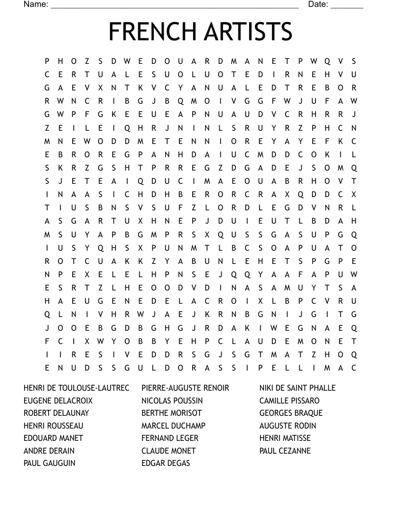 FRENCH ARTISTS Word Search WordMint FRENCH ARTISTS Word Search WordMint