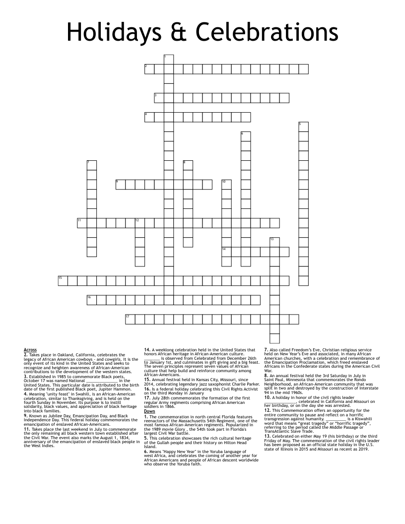 Holidays Celebrations Crossword WordMint