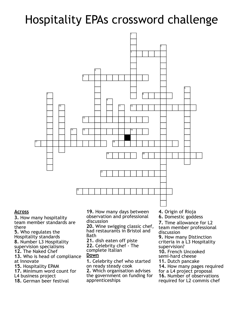 Hospitality EPAs Crossword Challenge WordMint Hospitality EPAs Crossword Challenge WordMint