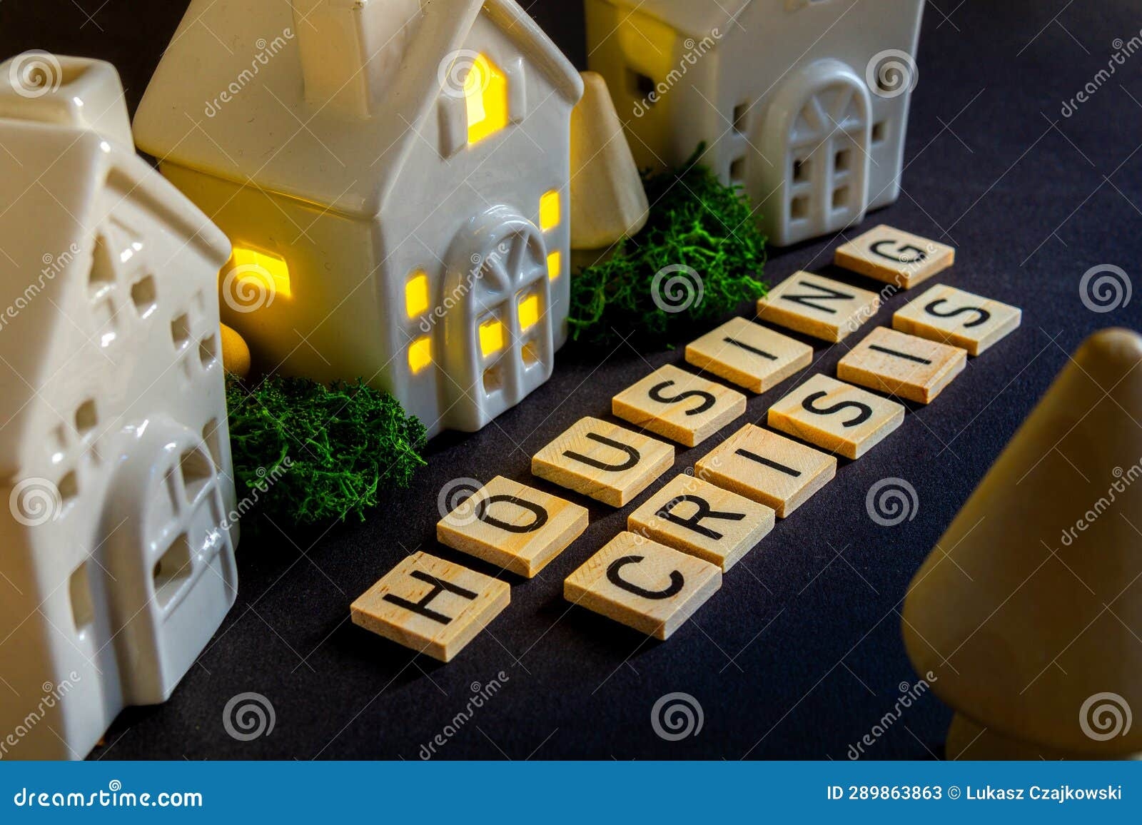 Housing Crisis In Wooden Letters Crossword Puzzle Ceramic House With Lights On Stock Image Image Of Advertising Architecture 289863863