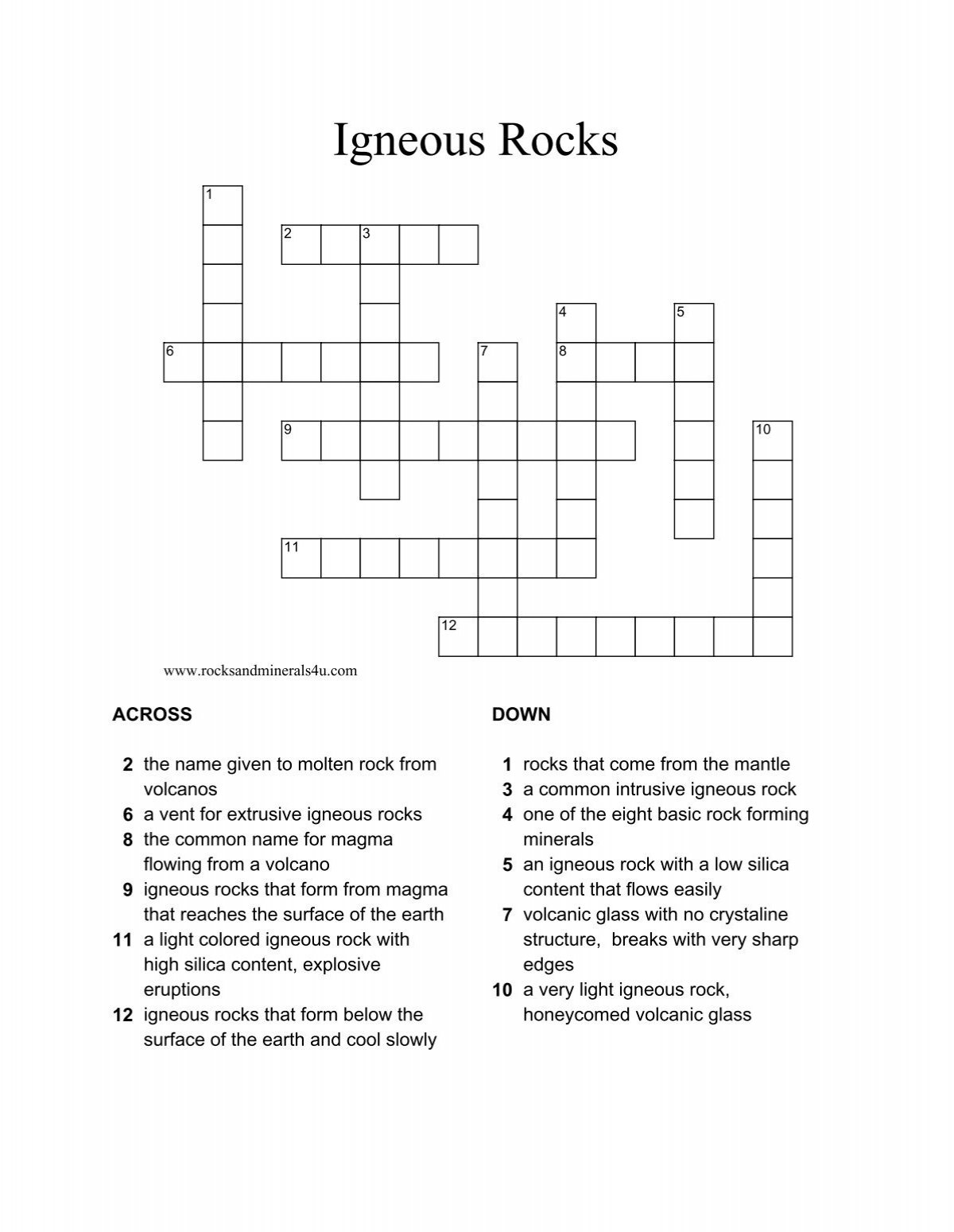 Igneous Rocks Crossword Puzzle Igneous Rocks Crossword Puzzle