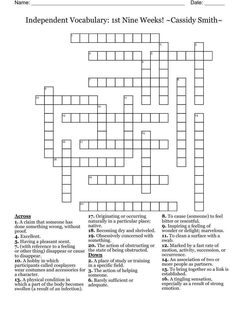 Independent Vocabulary 1st Nine Weeks Cassidy Smith Crossword WordMint