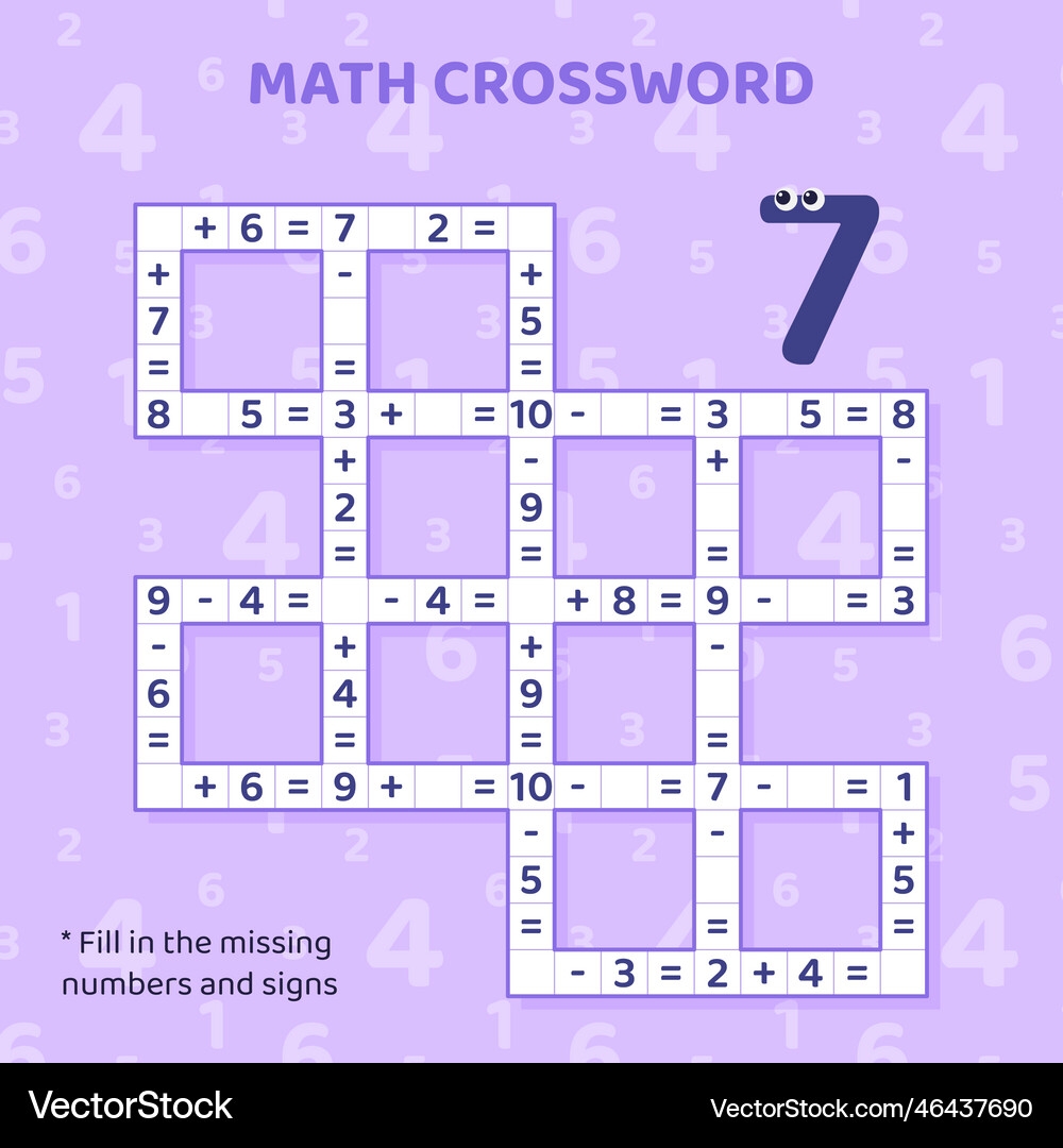 Kids Math Addition Subtraction Crossword Puzzle Royalty Free Vector VectorStock