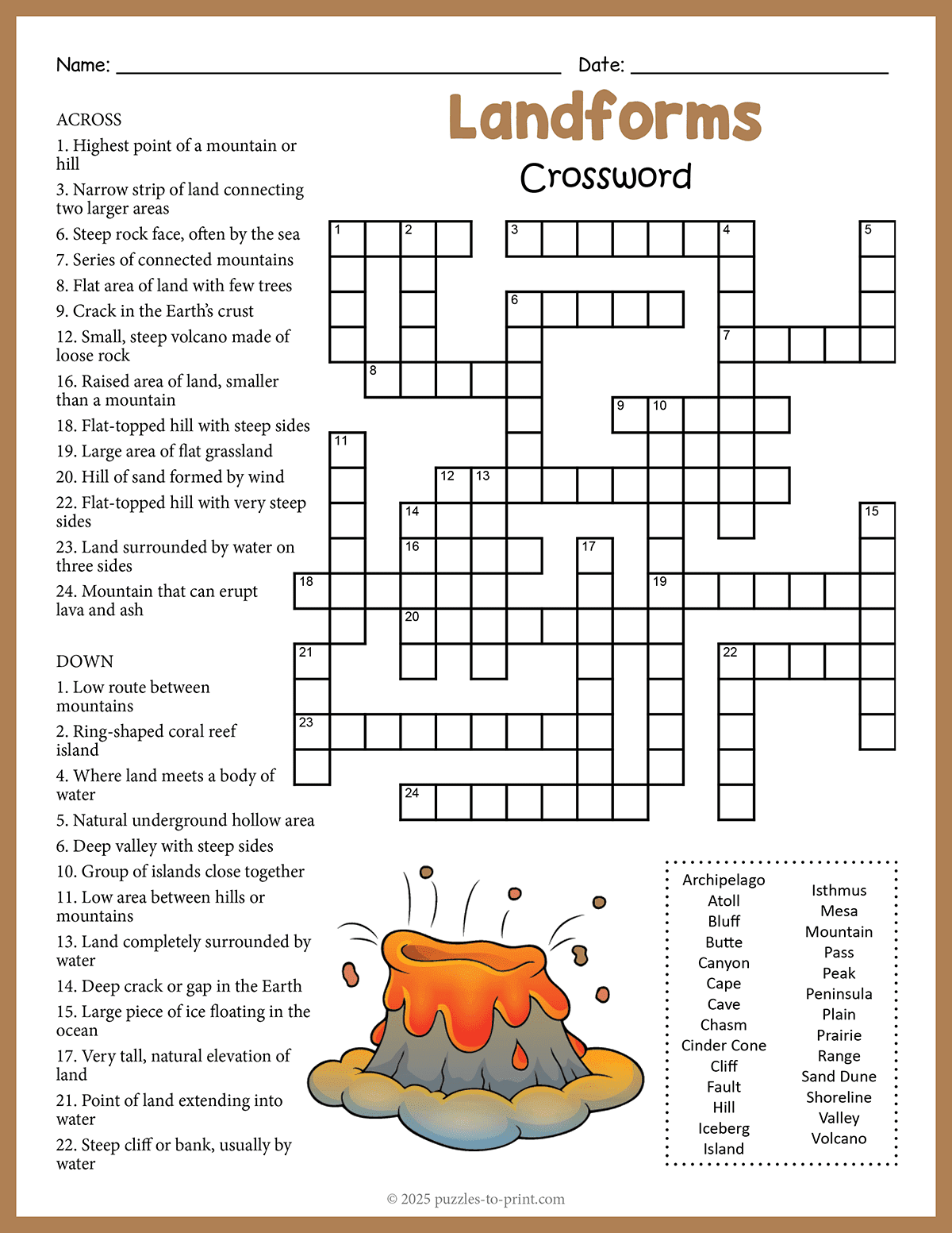 Landforms Crossword Landforms Crossword