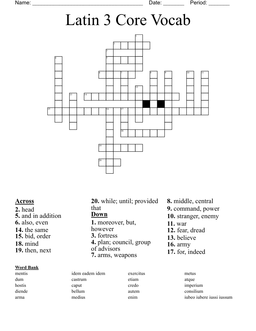 Latin 3 Core Vocab Crossword WordMint