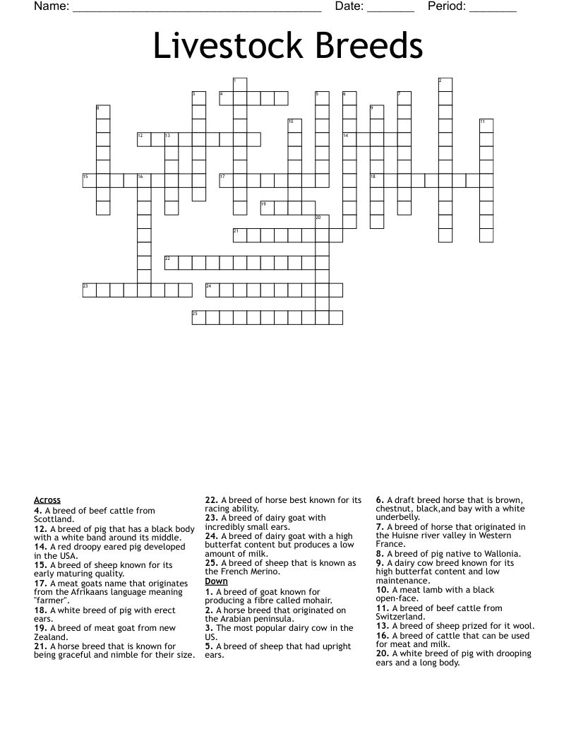 Livestock Breeds Crossword WordMint