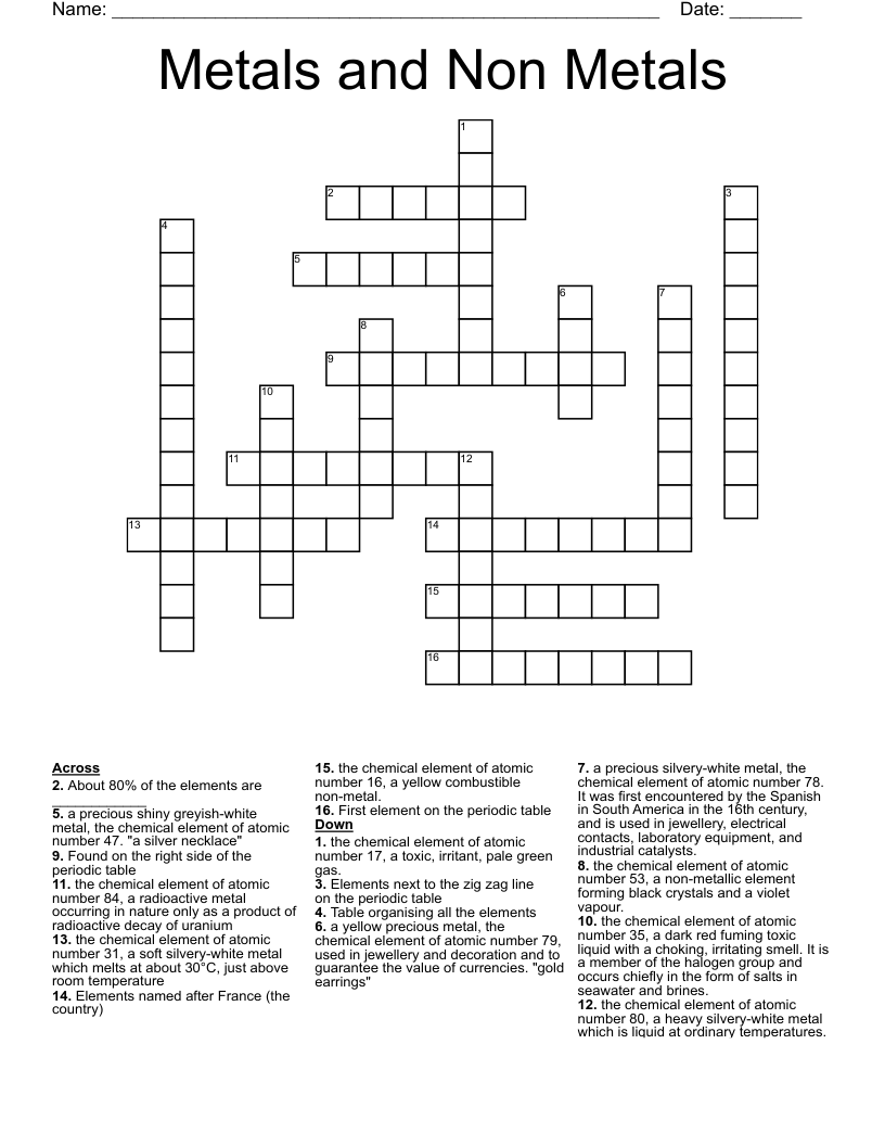 Metals And Non Metals Crossword WordMint Metals And Non Metals Crossword WordMint