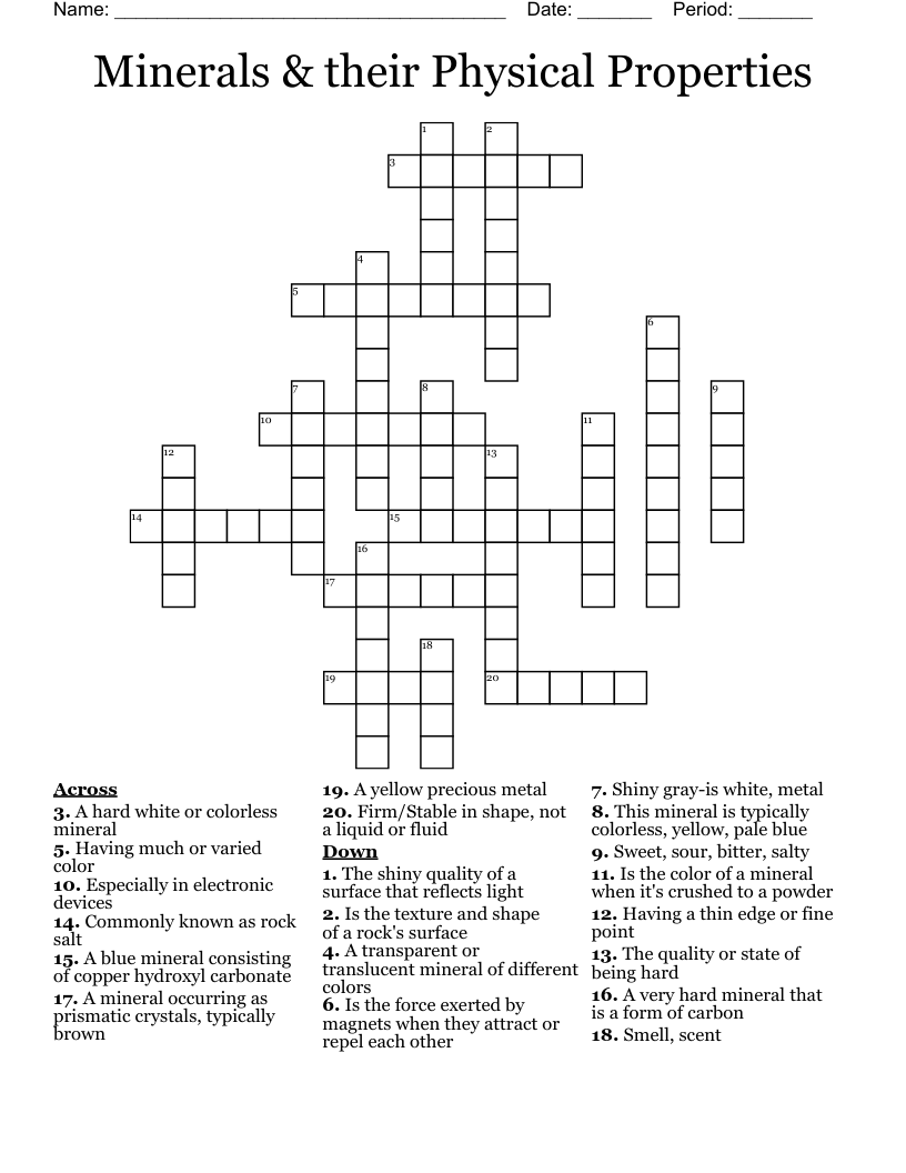 Minerals Their Physical Properties Crossword WordMint