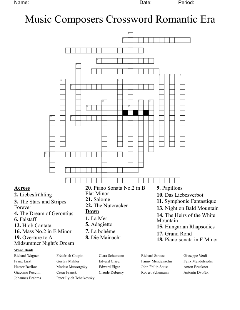 Music Composers Crossword Romantic Era WordMint