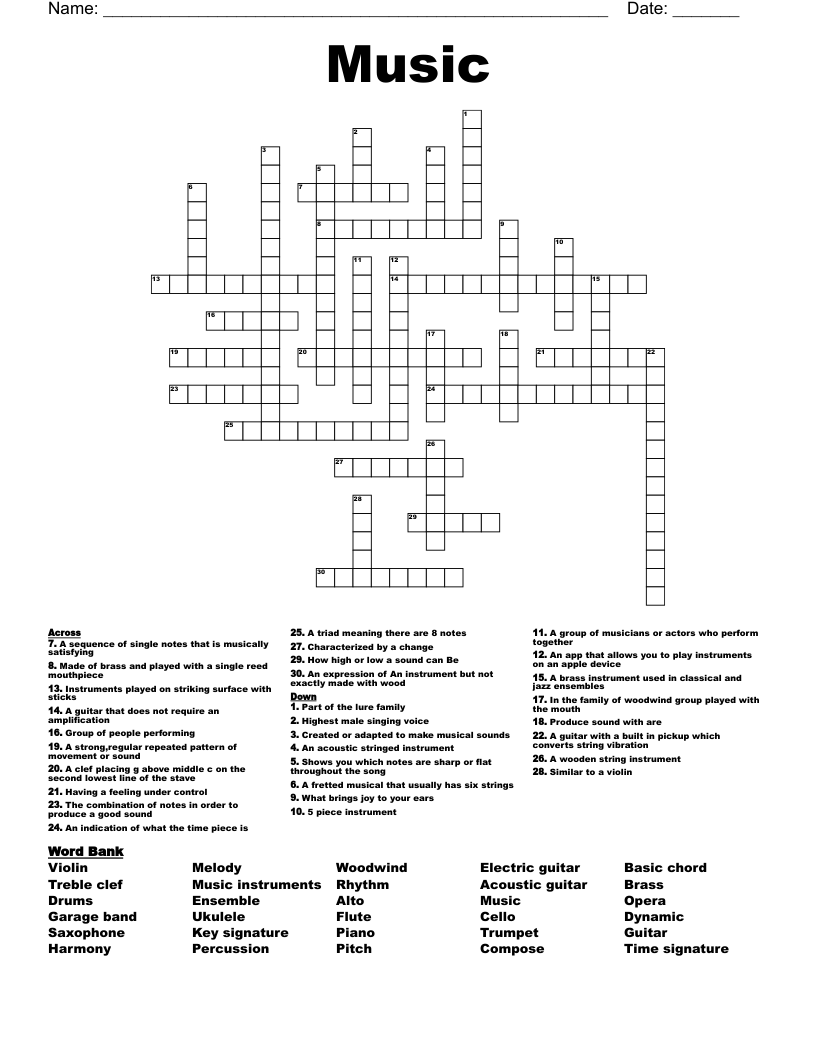 Music Crossword WordMint Music Crossword WordMint
