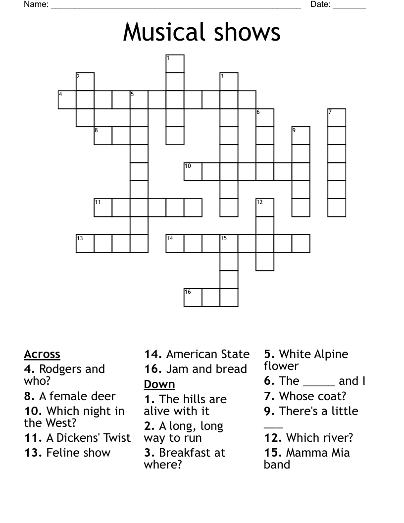Musical Shows Crossword WordMint