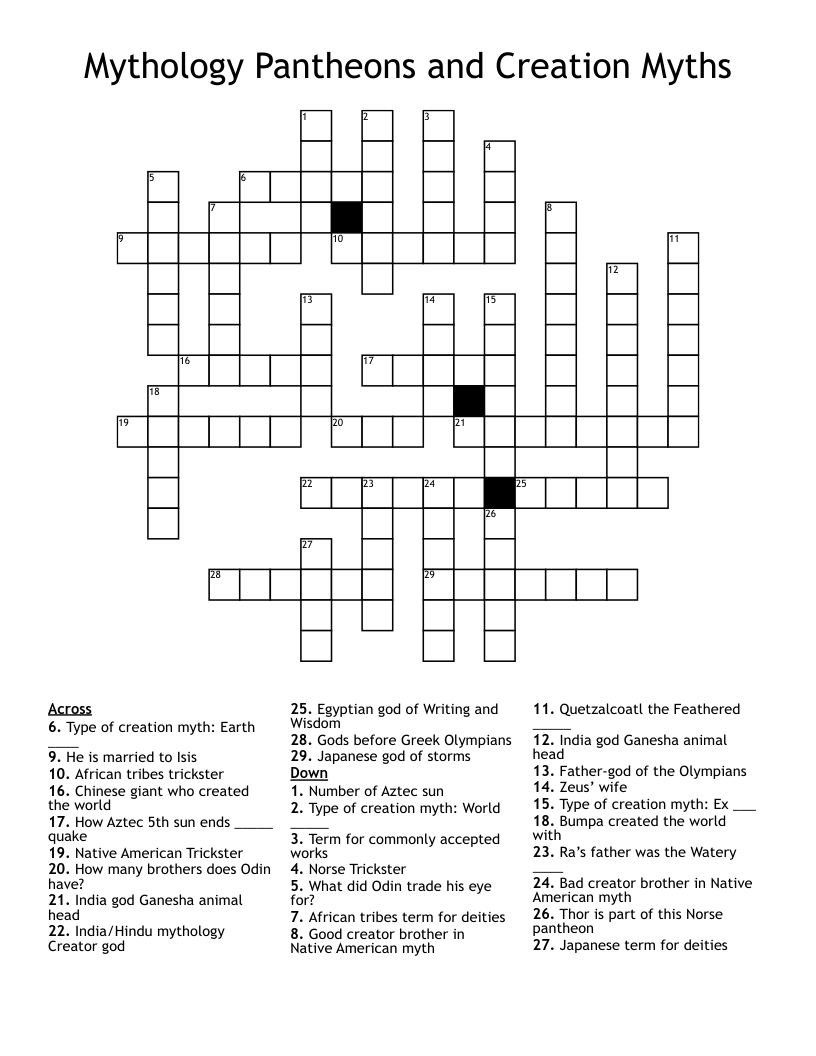Mythology Pantheons And Creation Myths Crossword WordMint Mythology Pantheons And Creation Myths Crossword WordMint