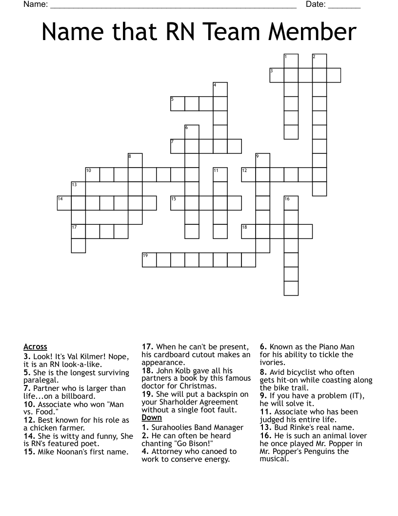 Name That RN Team Member Crossword WordMint