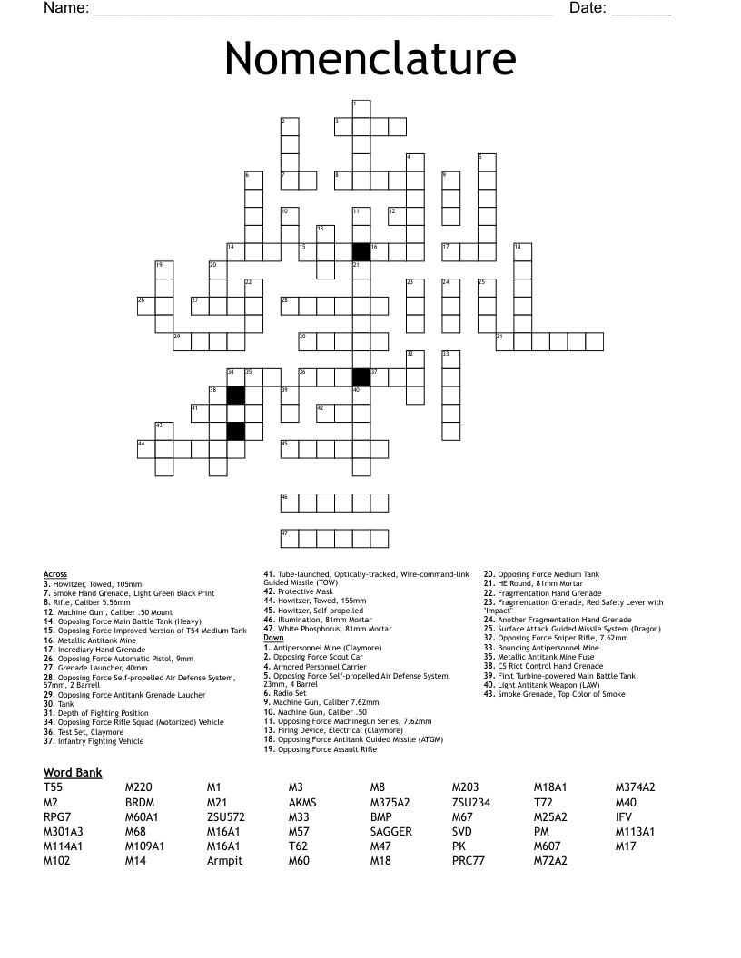 Nomenclature Crossword WordMint