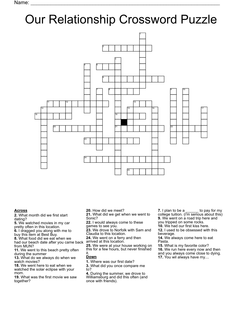 Our Relationship Crossword Puzzle WordMint
