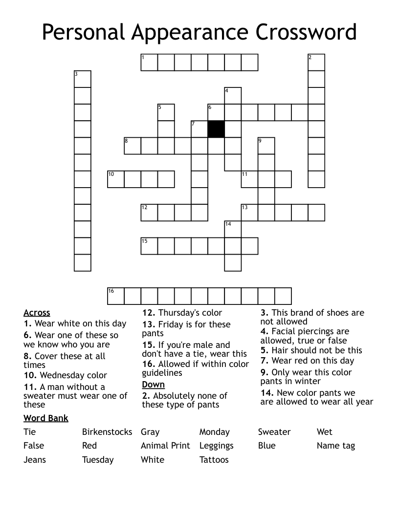 Personal Appearance Crossword WordMint Personal Appearance Crossword WordMint