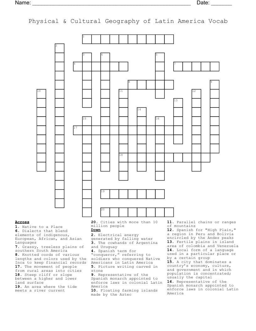 Physical Cultural Geography Of Latin America Vocab Crossword WordMint Physical Cultural Geography Of Latin America Vocab Crossword WordMint