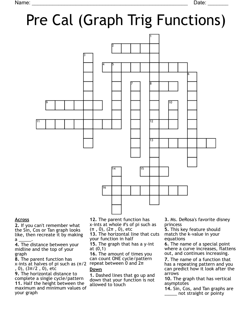 Pre Cal Graph Trig Functions Crossword WordMint