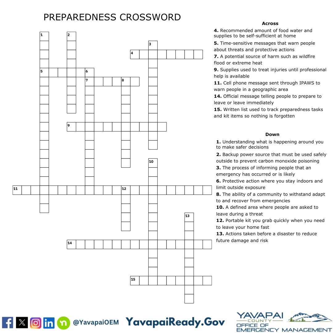Preparedness Has Many Moving Pieces alerts Zones Go bags Supplies We Created A Crossword To Help You Practice Essential Terms For Emergencies Try It Out EmergencyPreparedness PuzzleDay YavapaiCounty YavapaiReady Preparedness Has Many Moving Pieces alerts Zones Go bags Supplies We Created A Crossword To Help You Practice Essential Terms For Emergencies Try It Out EmergencyPreparedness PuzzleDay YavapaiCounty YavapaiReady