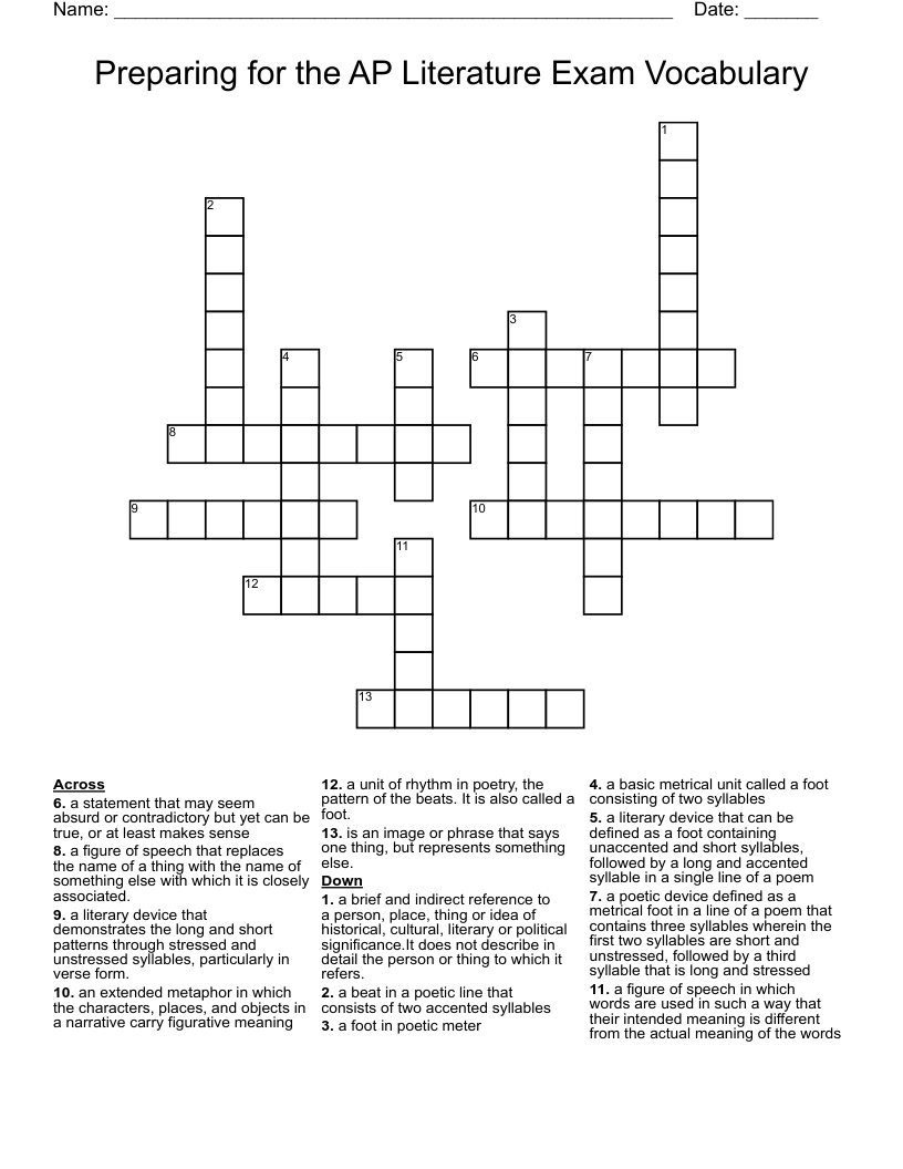 Preparing For The AP Literature Exam Vocabulary Crossword WordMint