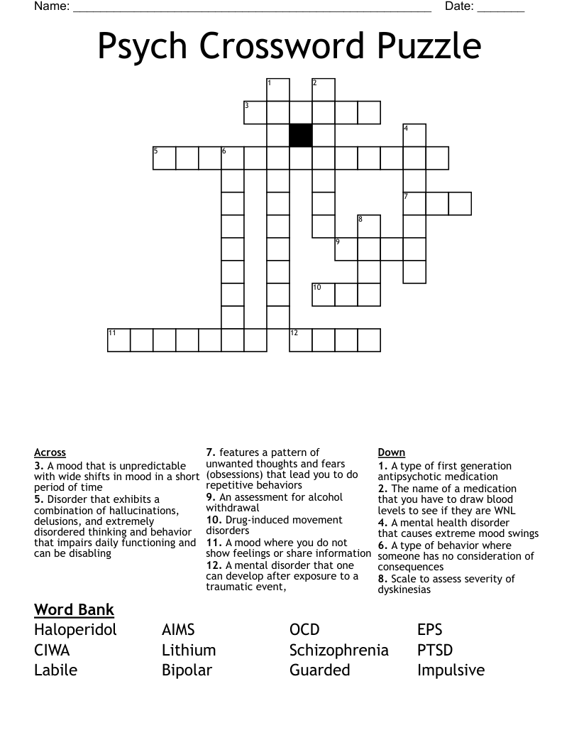 Psych Crossword Puzzle WordMint Psych Crossword Puzzle WordMint