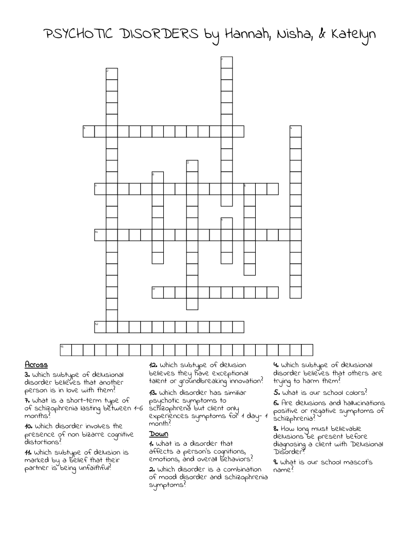 PSYCHOTIC DISORDERS By Hannah Nisha Katelyn Crossword WordMint PSYCHOTIC DISORDERS By Hannah Nisha Katelyn Crossword WordMint